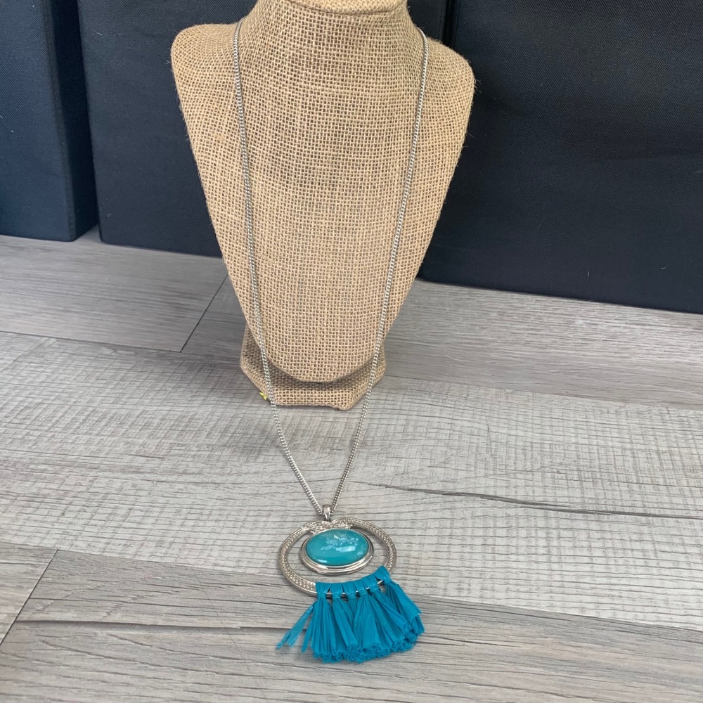 Cato 1946 Silver Tone Teal Faux Stone Tassel Long Pendant Necklace 30 Inch